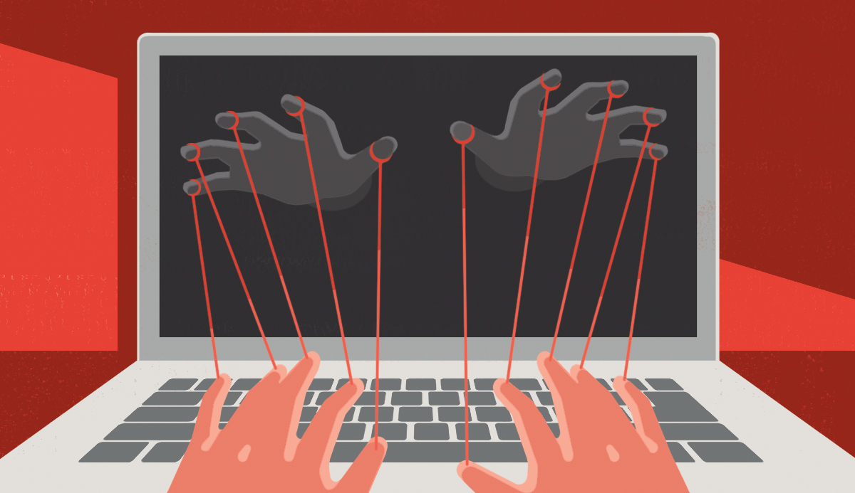 illustration of hans using a laptop but being controlled by strings attached to dark hands