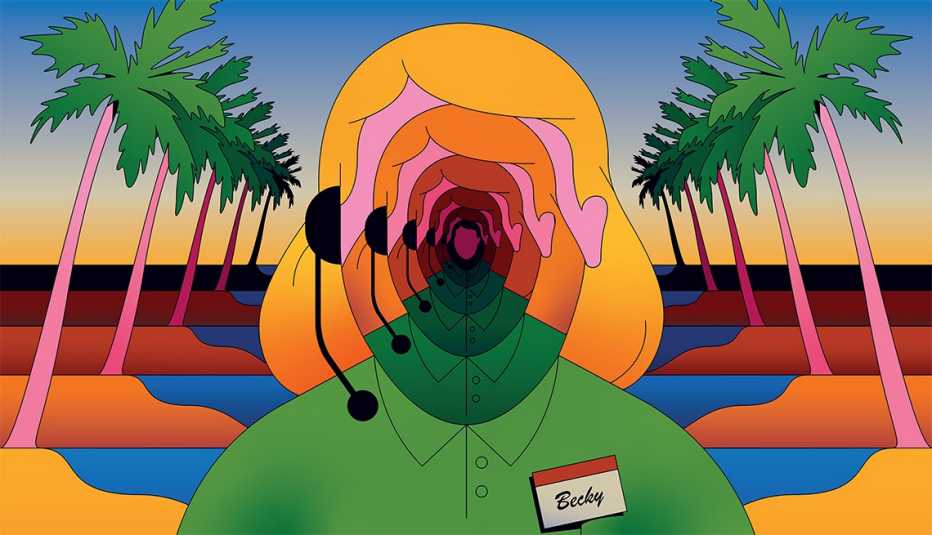 illustration of a faceless telemarketing scam caller wearing a name tag that says becky