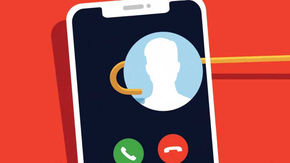 graphic of a cell phone with a cane coming off of the side wrapped around the icon of the person who owns it to show that their identity is being stolen