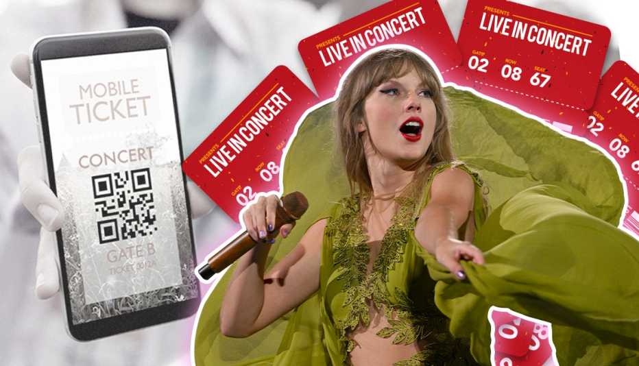 taylor swift performing next to a hand holding a mobile phone with an electronic concert ticket q r code showing and paper tickets behind her