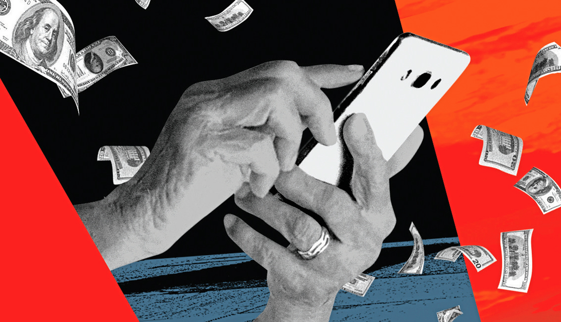 dramatic photo collage of money flying around a pair of hands using a mobile phone