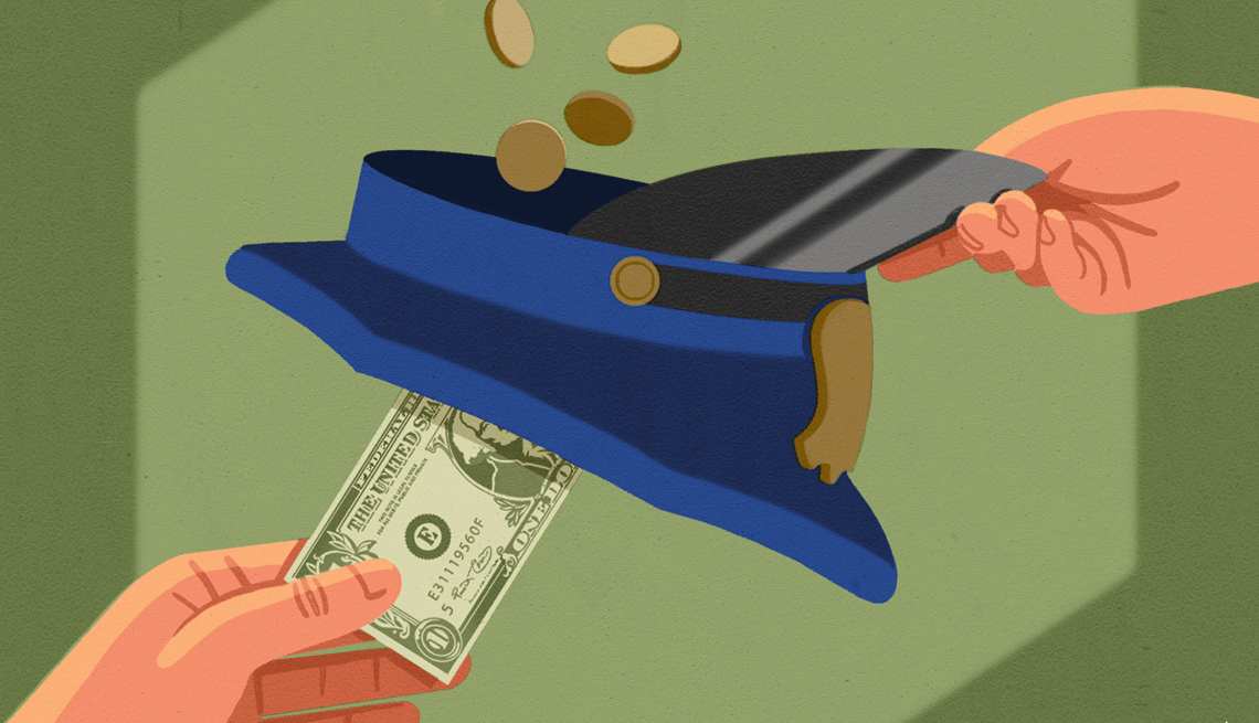 illustration of one hand holding a police hat upside down with donation coins falling into it but another hand pulling a dollar bill out from the bottom of it