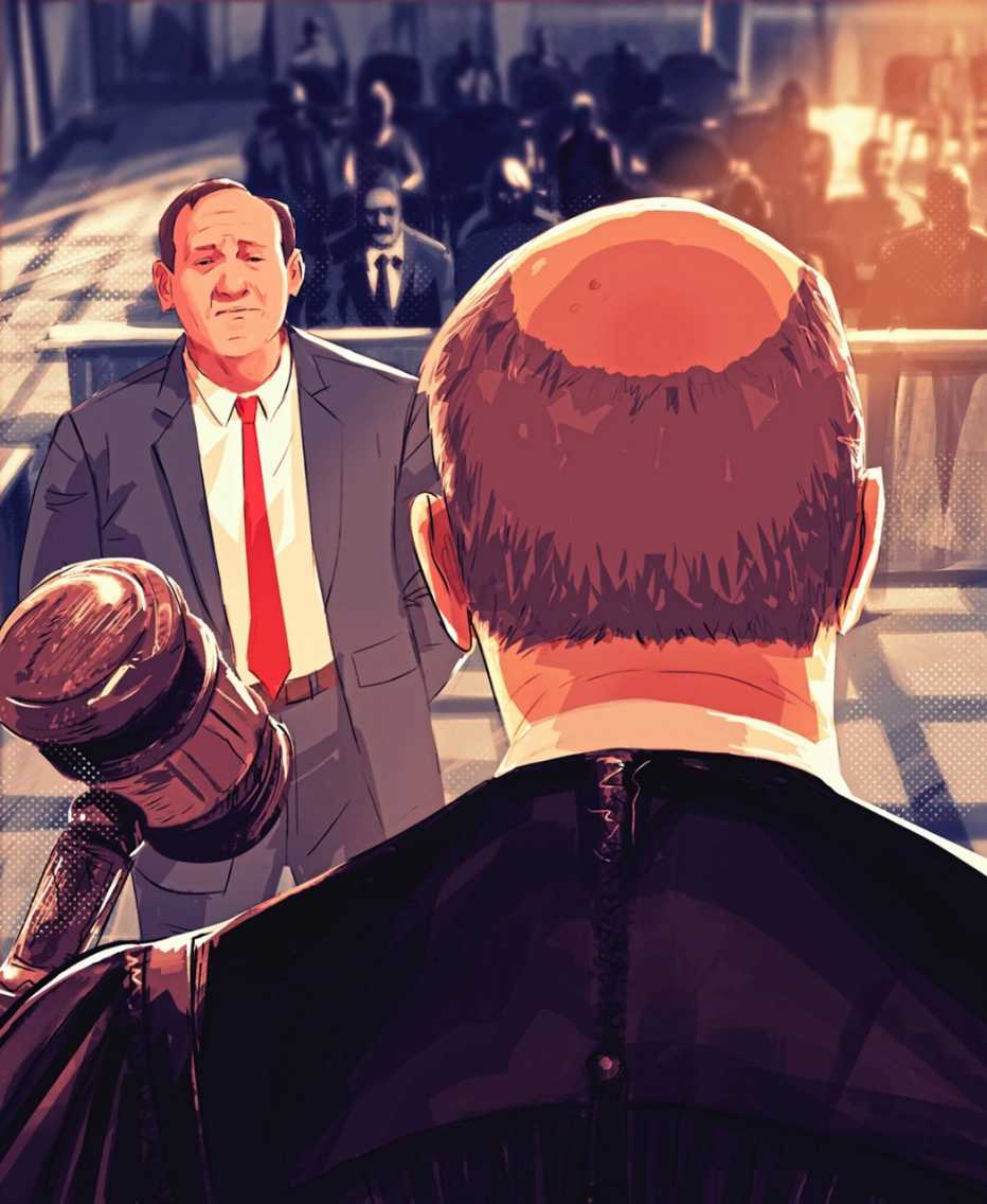 Cartoon of Jeff Spina being sentenced in front of a judge