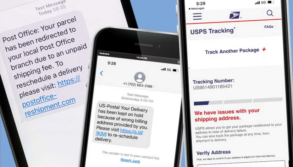 collage of three mobile phones all showing scam text messages and screens about packages purported to be from the US Post Office.