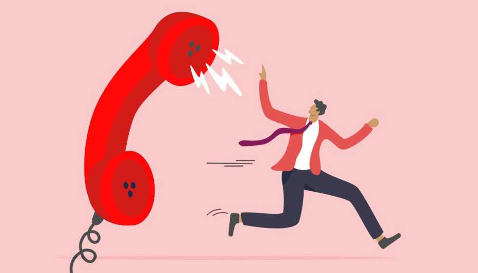 illustration of a man running away from a phone receiver with someone yelling out of the earpiece