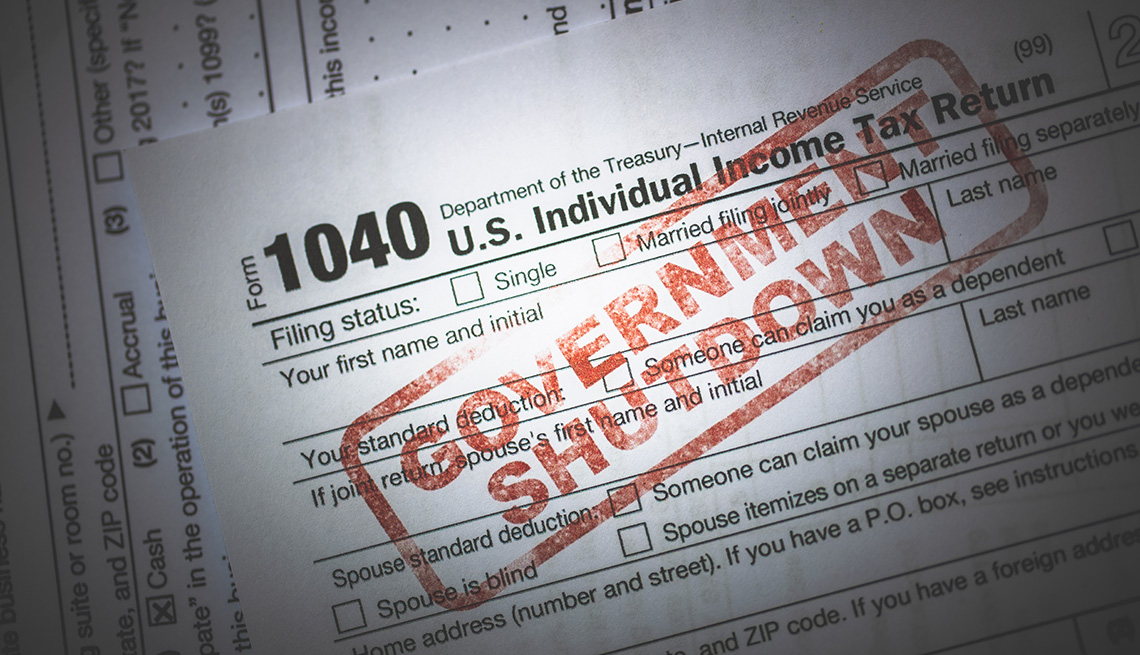 IRS 1040 tax form with the words "Government Shutdown"