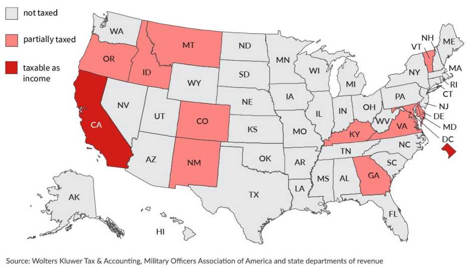 united states map showing the states where military retirement pay is taxable as income those states are california and washington dc. military pay is partially taxed in several other states.