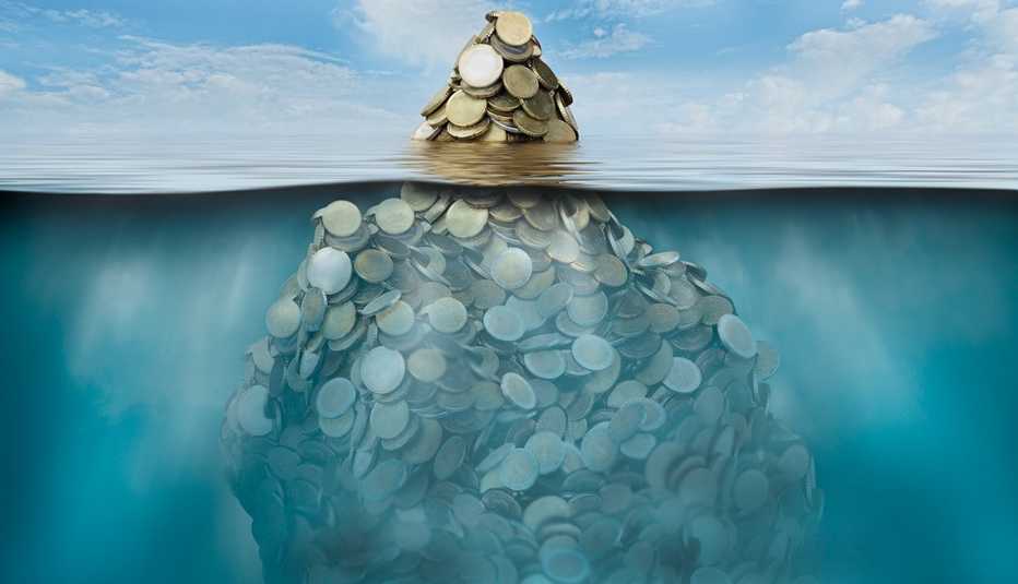 illustration of an underwater mountain of coins,  with just the very top visible from above the surface of water 