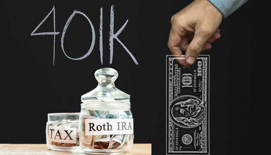 montage of a hand holding hundred dollar bill, 401k chalked on blackboard and Roth and tax labeled money jars 
