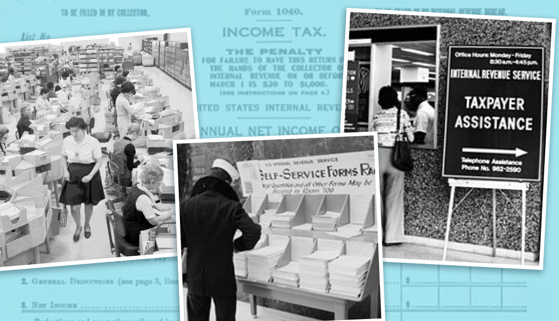 historical images of IRS processors, taxpayer assistance offices, and self serve tax forms
