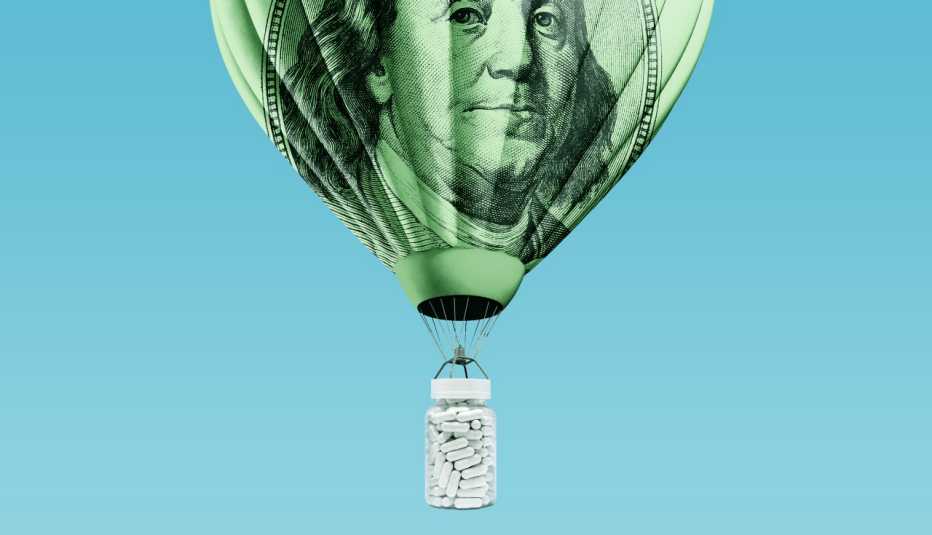an illustration of a balloon with a 100 dollar bill design on it carrying a prescription on a blue field