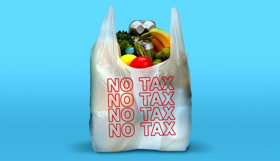a plastic bag of groceries with the words no tax printed on the bag in a repeated pattern