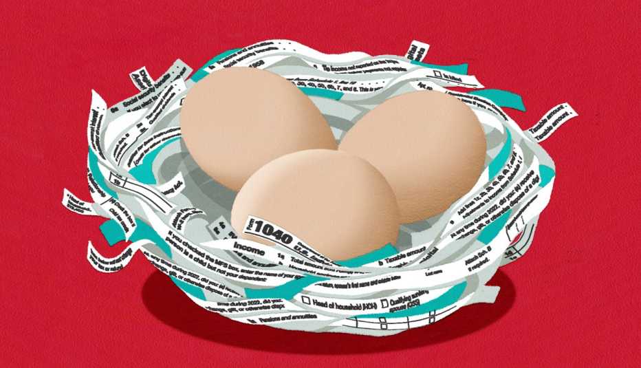 three brown eggs nestled in shredded tax forms on a red field