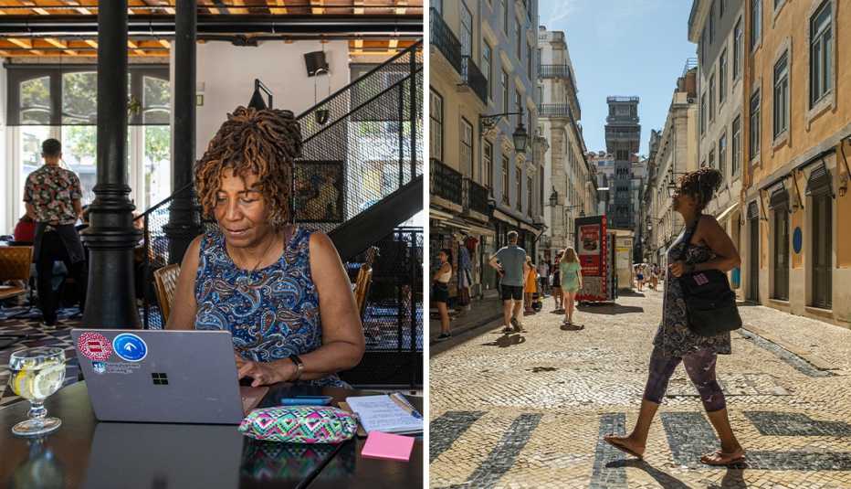 siobhan farr working from a restaurant in lisbon portugal and walking through the city