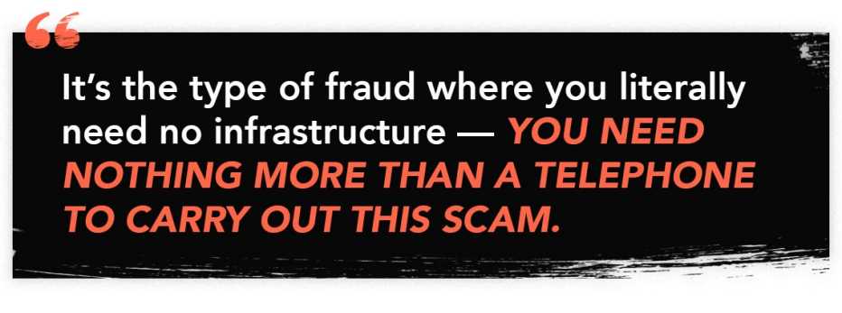 Quote graphic text: "It's the type of fraud where you literally need no infrastructure - You need nothing more than a telephone to carry out this scam"