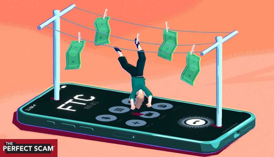 woman hanging upside down on a clothesline with money hanging around here with a phone showing the FTC underneath