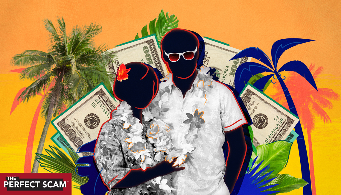 illustration of a couple with a Hawaiian background and large 100 dollar bills behind them