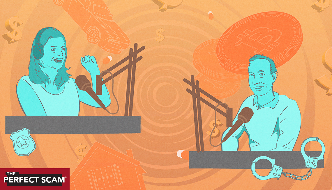 a man and a woman are talking with each other on a podcast with an orange background
