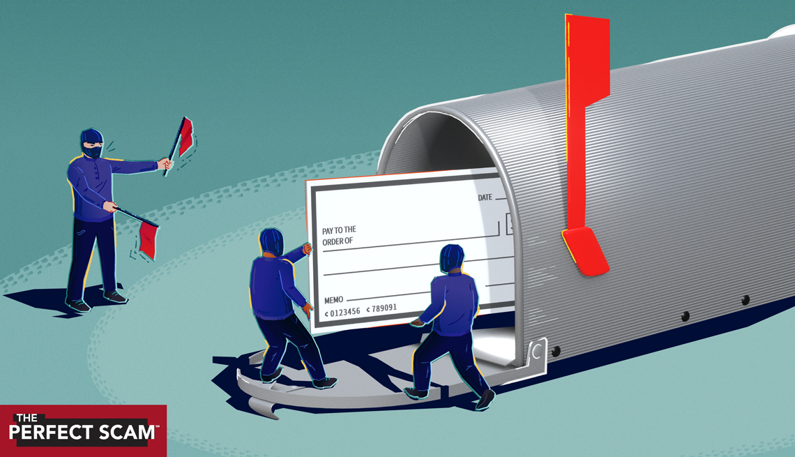 illustration of thieves stealing a check out of a giant mailbox