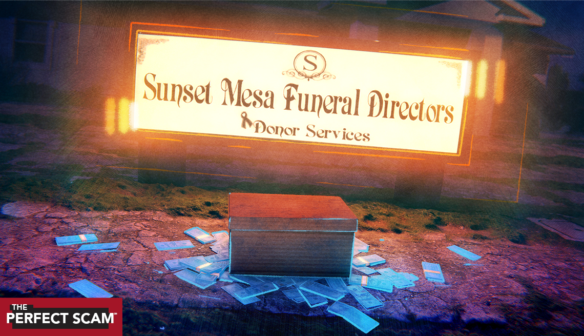 An illustration of a sign reading Sunset Mesa Funeral Directors and Donor Services with a box and cash in front of the sign. 