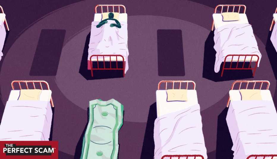 illustration of patients in hospital beds with the beds alternating with stacks of cash