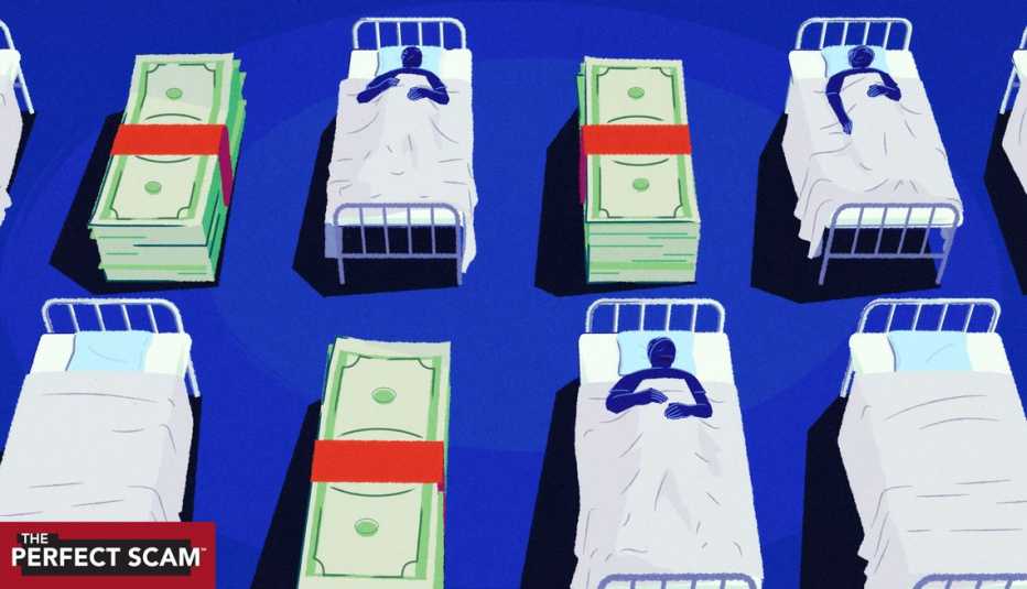 illustration of patients in hospital beds with the beds alternating with stacks of cash