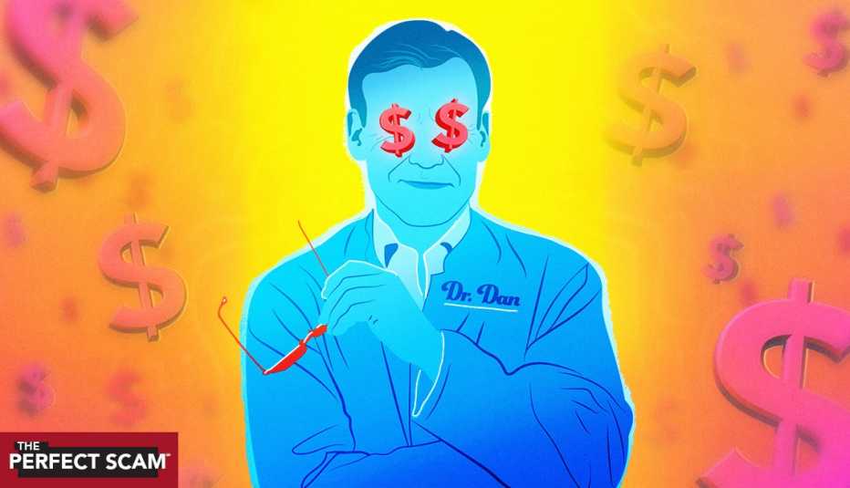 illustration of a fake doctor with dollar signs in his eyes