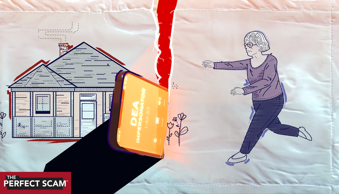 illustration on a blanket background of a woman running towards her home but a smart phone with the letters D E A is cutting across the path and blocking her