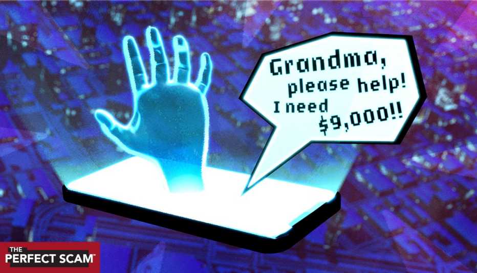 illustration of a hand coming out of a smart phone with a quote that says "Grandma, please help! I need $9,000!"