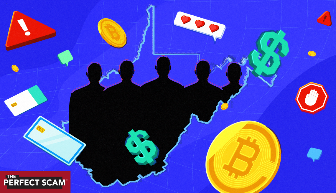 Illustration of the state of West Virginia with shadowy figures and symbols for money and fraud