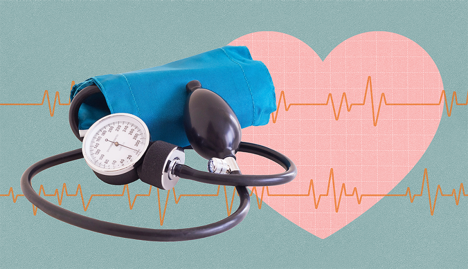 a blood pressure cuff with a heart and a heart rate monitor line in the background