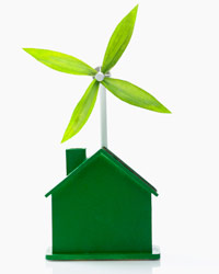 Small green house with green leaf windmill for green energy