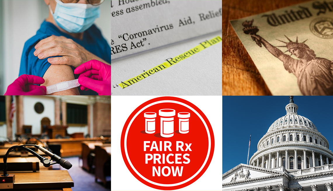 collage of images a person getting a bandaid after a vaccine a photo of the american rescue plan legislative document a stimulus check the capitol dome a view inside congress and a logo that says fair r x prices now