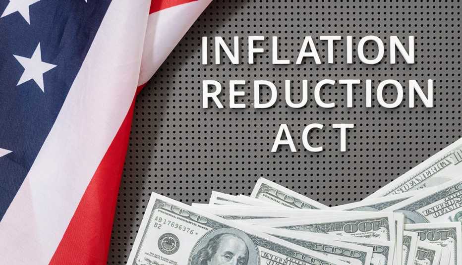 inflation reduction act in white letters next to a flag and money