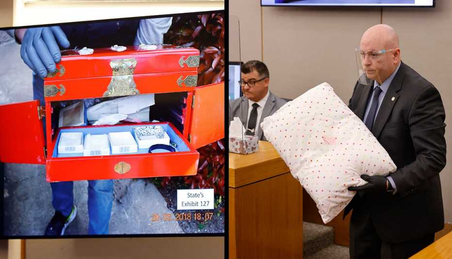At the Lu Thi Harris murder trial, a prosecutor shows jury the murder weapon and her jewelry box. 