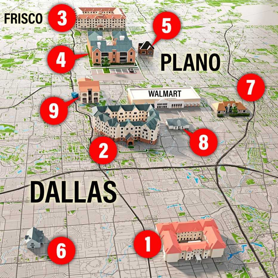 1 – Edgemere; 2 – Tradition-Prestonwood; 3 – Parkview in Frisco; 4 – Preston Place; 5- home of Carolyn McPhee; 6 – Rosemary Curtis’ house; 7 – Mary Sue Brooks’ condo; 8 – home of Lu Thi Harris; 9 – Billy Chemirmir’s apartment building 