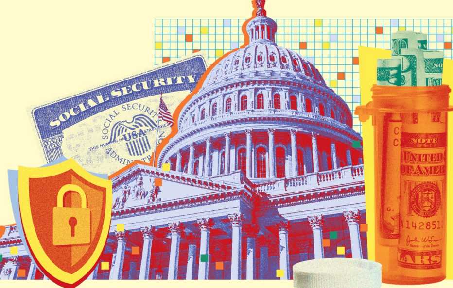 collage of united states capitol building dome with a social security card prescription drugs a shield for security and paper money