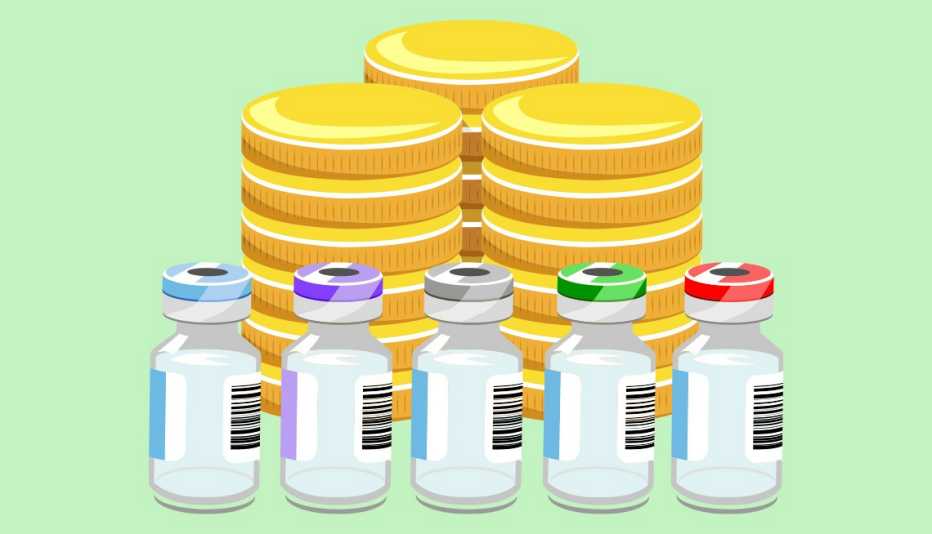 vials of medication in front of stacks of money coins