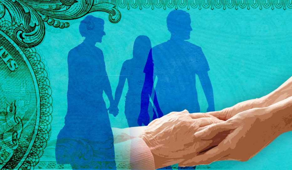 clasped hands of elder and caregiver superimposed with silhouettes of family and detail from a dollar bill