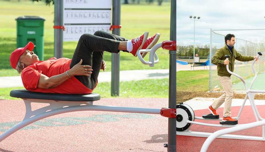 People use exercise equipment at some of the 53 fitness parks sponsored by AARP.