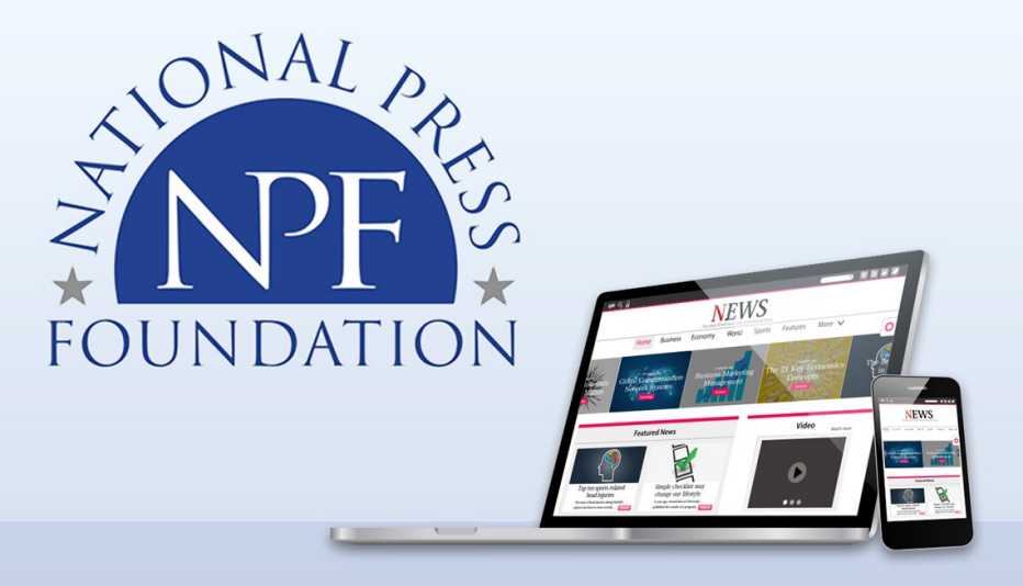 national press foundation logo and a news website showing on a laptop and mobile phone