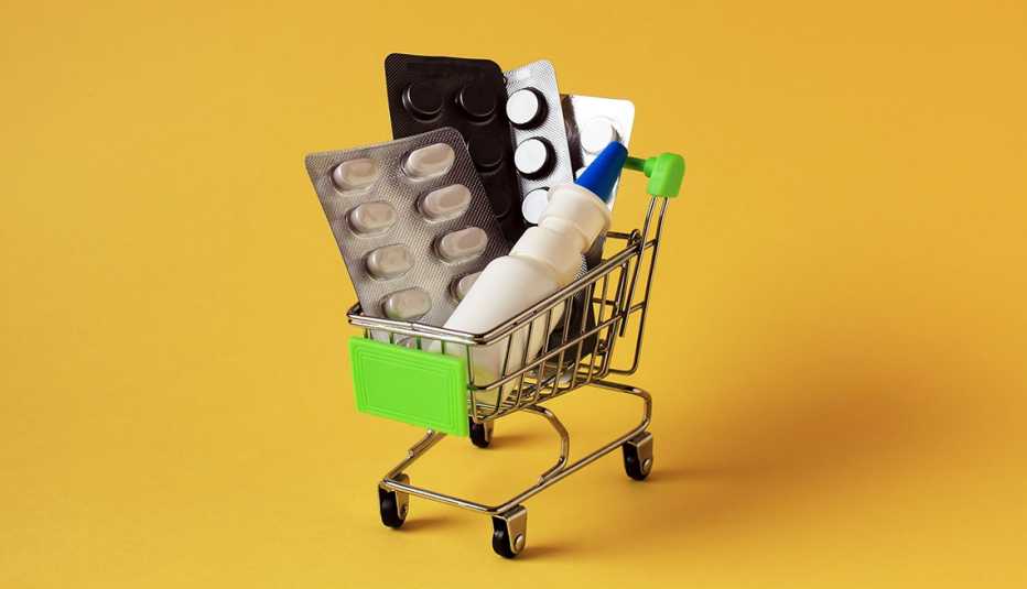 shopping cart full of medicines on a yellow background