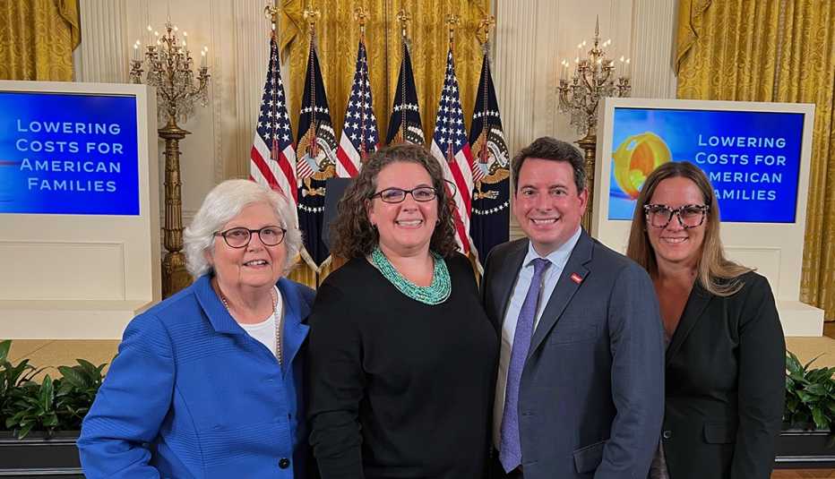 officials from a a r p nancy leamond leigh purvis bill sweeney and megan o reilly at a white house event celebrating the first ten drugs medicare will negotiate on august twenty ninth twenty twenty three