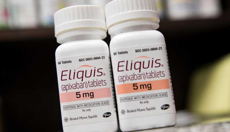two bottles of the prescription drug eliquis sit on a counter