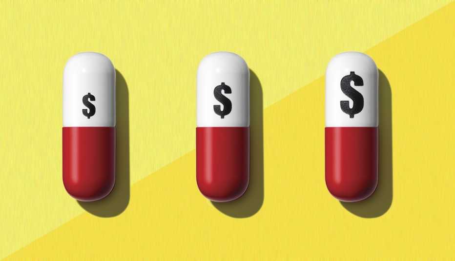 three prescription capsules stamped with a dollar sign from left to right the dollar sign increases in size to show rising drug prices