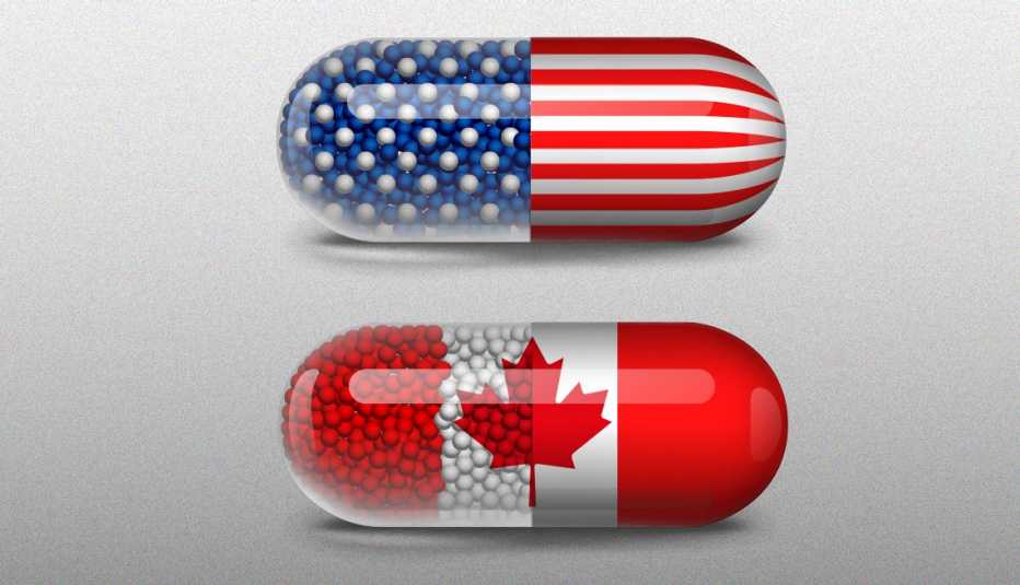 two pill capsules one resembles the american flag with blue and white pellets making up the stars on one half and red and white stripes on the other half and the other one resembles the red and white canadian maple leaf flag