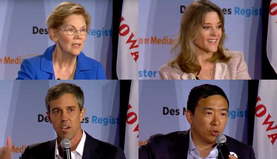 democratic presidential candidates at a a r p's july 19 forum - Elizabeth Warren, Marianne Williamson, Beto O'Rourke, and Andrew Yang.