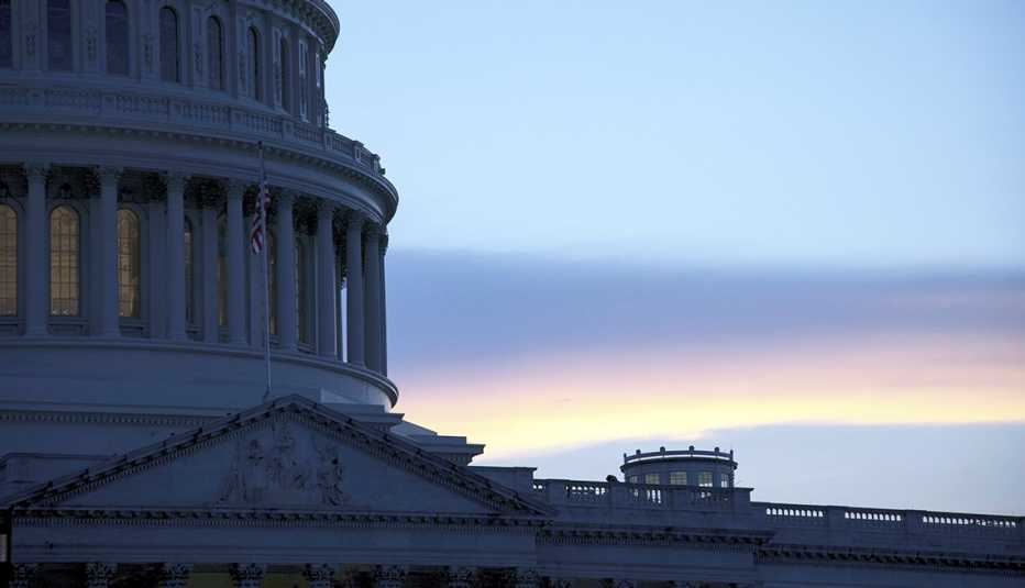 closeup of the U.S. Capitol building dome at sunset in Washington, D.C., on Aug 5, 2020