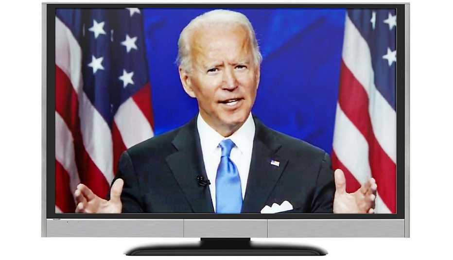 presidential candidate joe biden shown speaking on a television monitor