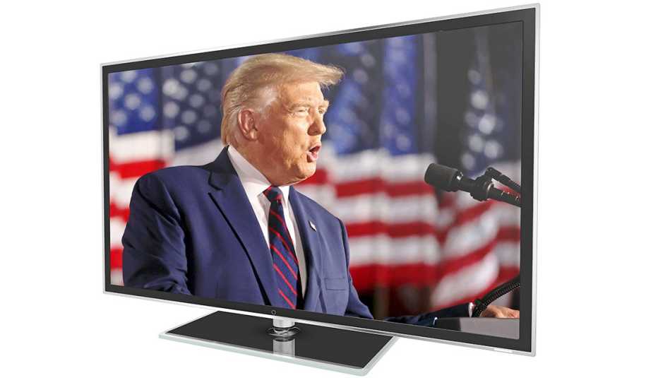 television showing president donald trump speaking at the twenty twenty republican national conference